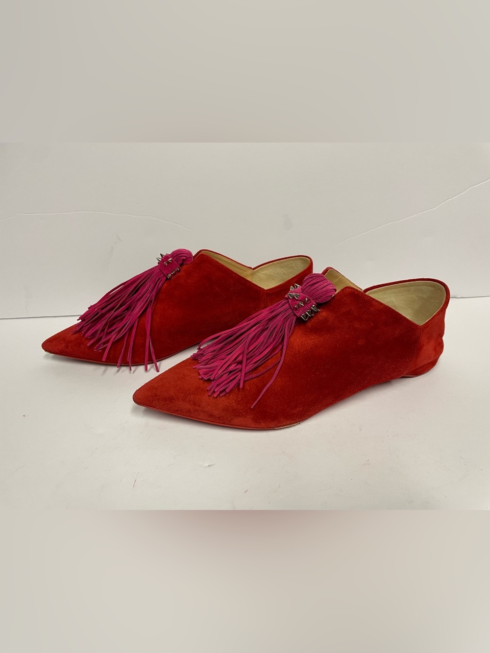 Christian Louboutin Red pink Suede Pointed Tassel fringe Slip-On Flats 36